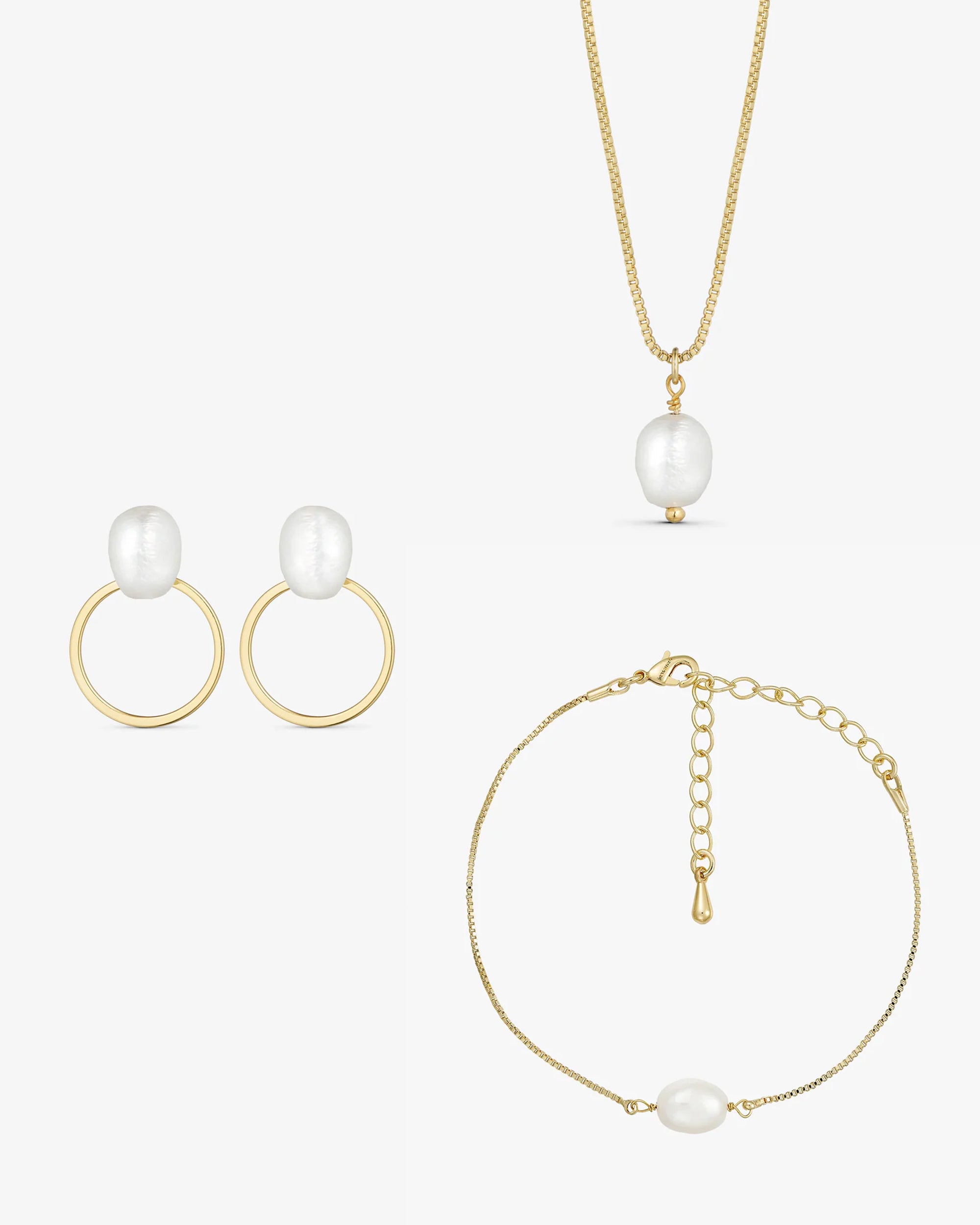 Noctura Smykkesæt - Vega Perle Øreringe / Lea Perle Halskæde / Lea Perle Armbånd - 18 karat forgyldt